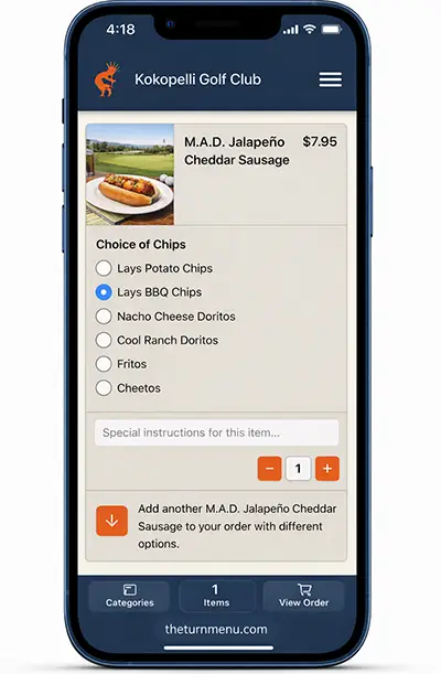 iPhone showing The Turn Menu mobile ordering interface